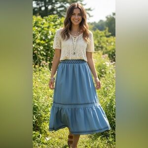 Lapis Light Blue 100% Cotton Gathered Midi Skirt Size Large